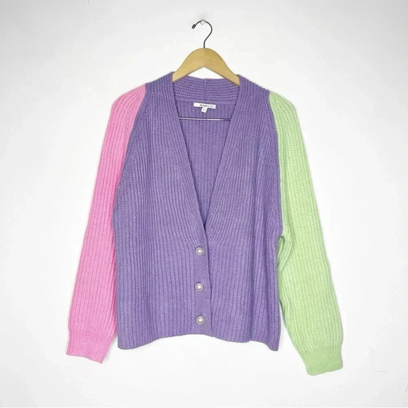 Olivia Rubin Revolve Tally Colorblock Cardigan Sweater Size Large Purple Green - Picture 1 of 6